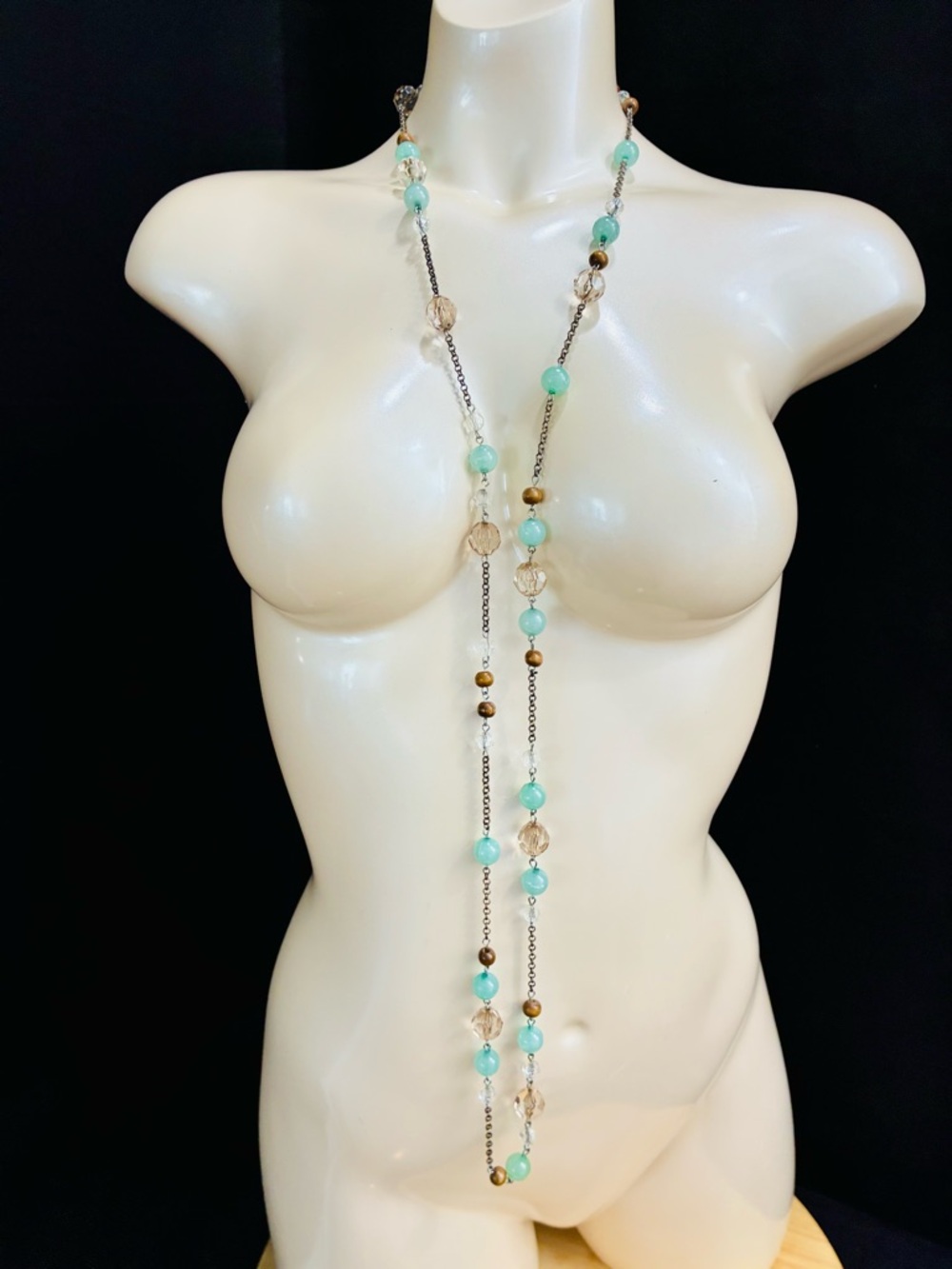 Long Aqua Bead Station Necklace - Bohemian Beach Chic Casual Coastal Everyday